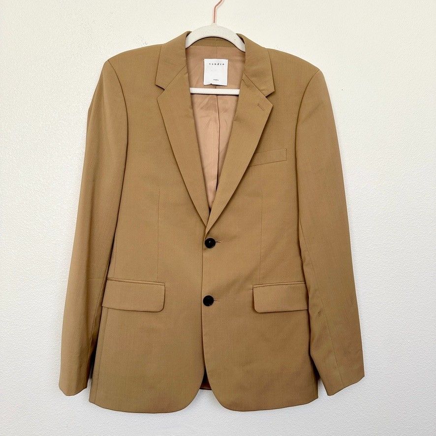 Sandro Wool Camel Tan Blazer Coat Two Button Minimalist Parisian Work Women's 46